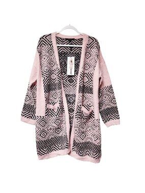 Maxsport Womens Pink & Black Geometric Open Front Knit Cardigan Size L
